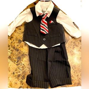 Baby suit 0-3 months with tie, vest, white shirt, pants black pin striped